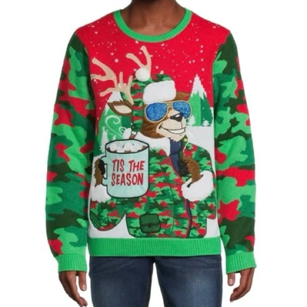 Jolly Sweaters Tis The Season Red Green Camo Reindeer Ugly Christmas Sweater